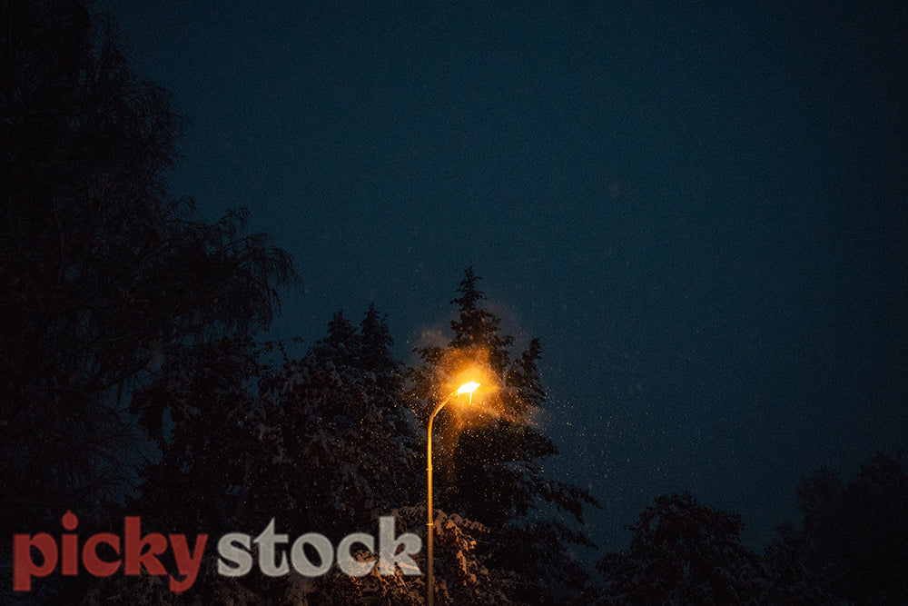 Street light in Lake Tekapo at night when snowing