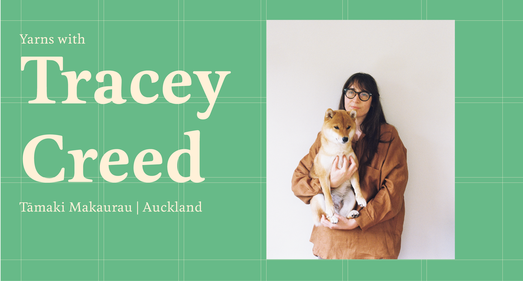 Graphic and photograph of Photographer Tracey Creed holding her small pet dog. She looks direct to camera with glasses and long brown hair.