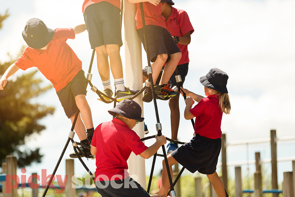 Children playing on climbing frame at school.