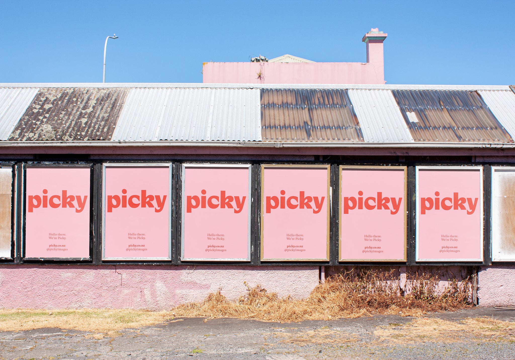Pink posters for Picky are glued to frames on a pink building with a corregated iron roof. 