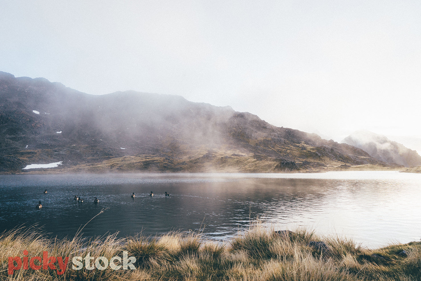 Landscape shot of a mountain lake at a very foggy sunrise. Fog gathering on lake while light shines on water. 