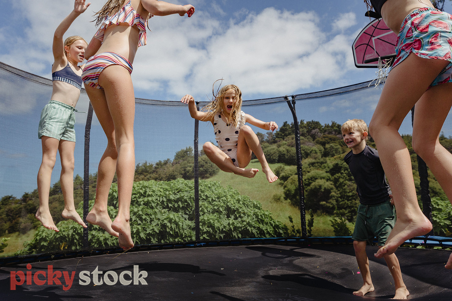 Five kids jumping on a trampoline. Green hill in the background with lush bush. Kids are wearing their togs / swim suit / rash top / bikini / the tramp has a pink basketball hoop on the right hand side. Kids are smiling mid-air