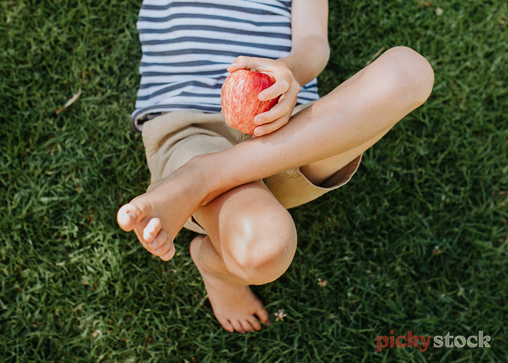 Faceless image of a boy sitting in the green grass holding a red apple. Wearing a blue and white stripe tee shirt.