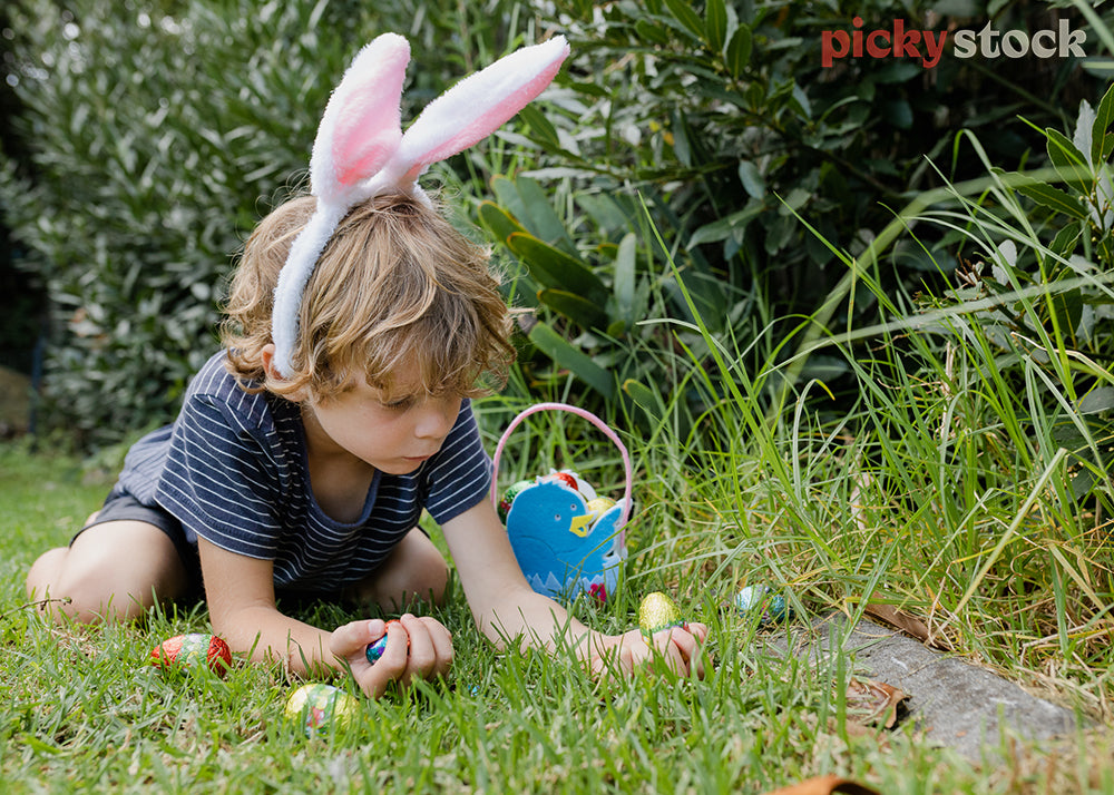 Small boy wearing pink bunny ears looking at the Easter eggs he has found on his hunt so far. 