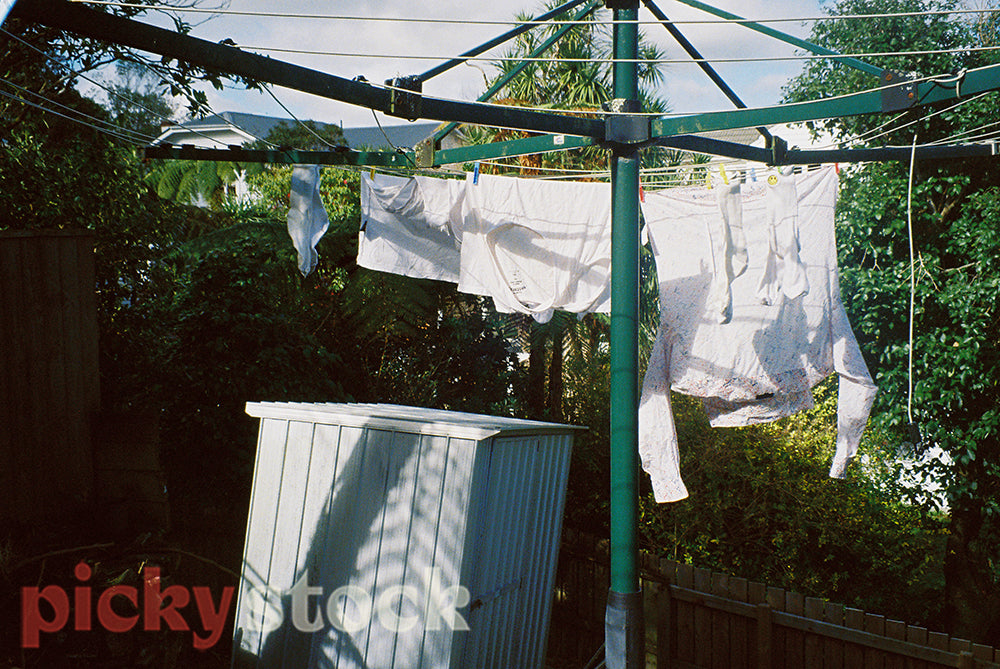 Washing hanging on a line, garden shed in background