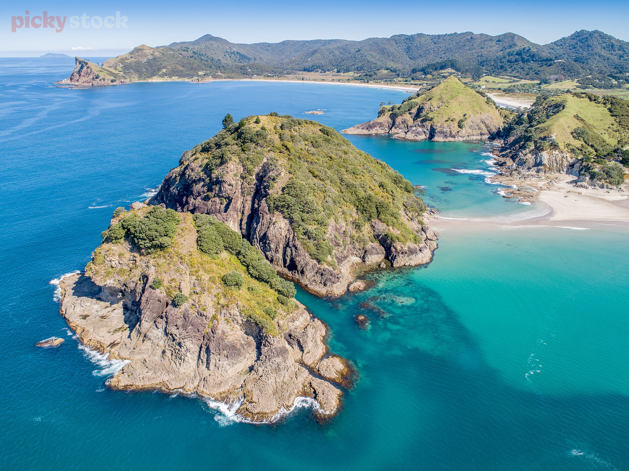 Aerial view of Medlands Beach, Great Barrier Island.