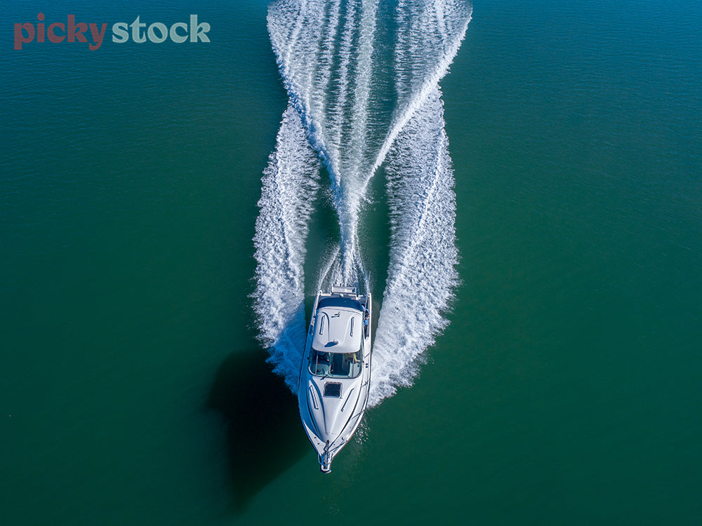 Aerial views of a power boat in the Hauraki Gulf