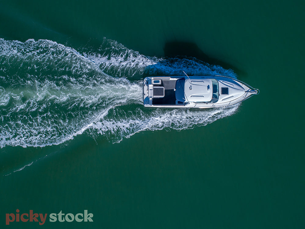 Aerial view of a power boat in the Hauraki Gulf