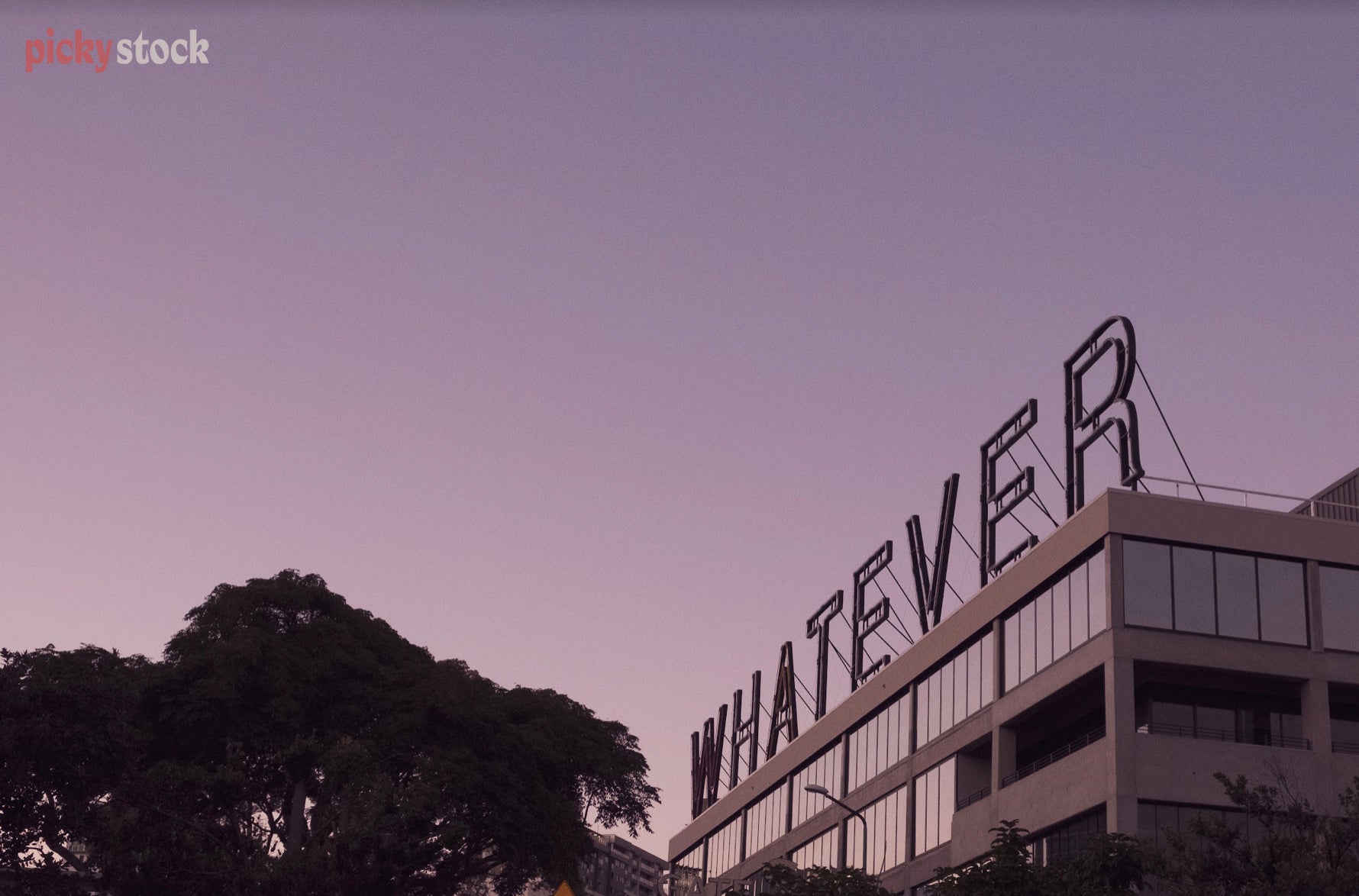 A landscape of a grey building with a large metal sign reading ‘Whatever’, the windows reflect the lilac hues of the afternoon sky.