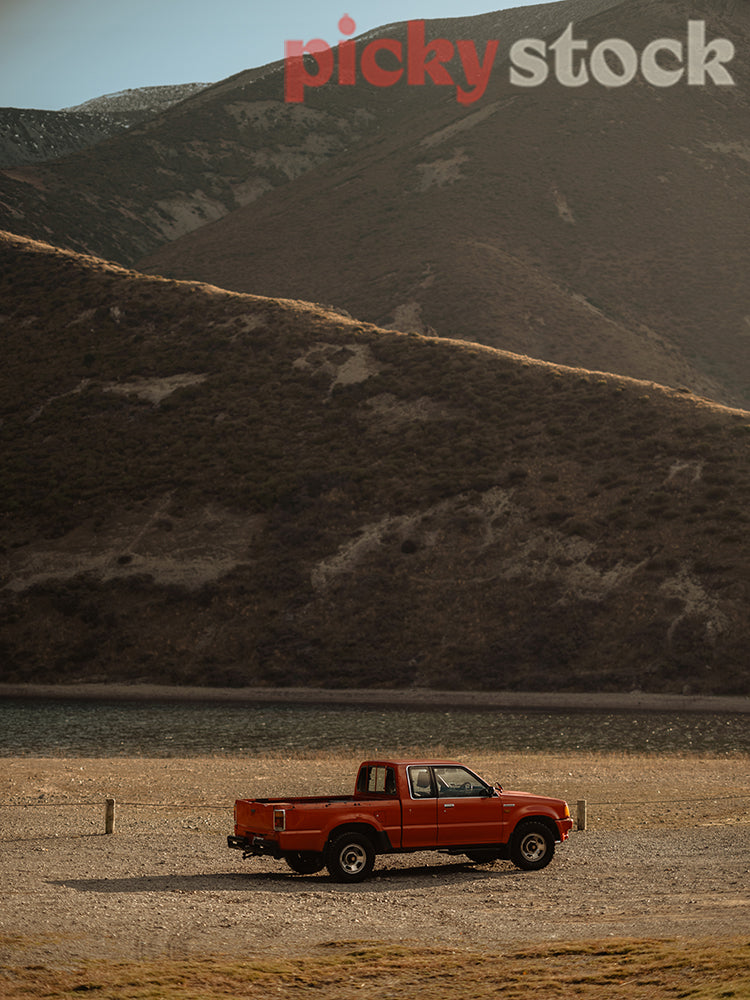 Winter Castle Hill,Canterbury, New Zealand and ute parked 