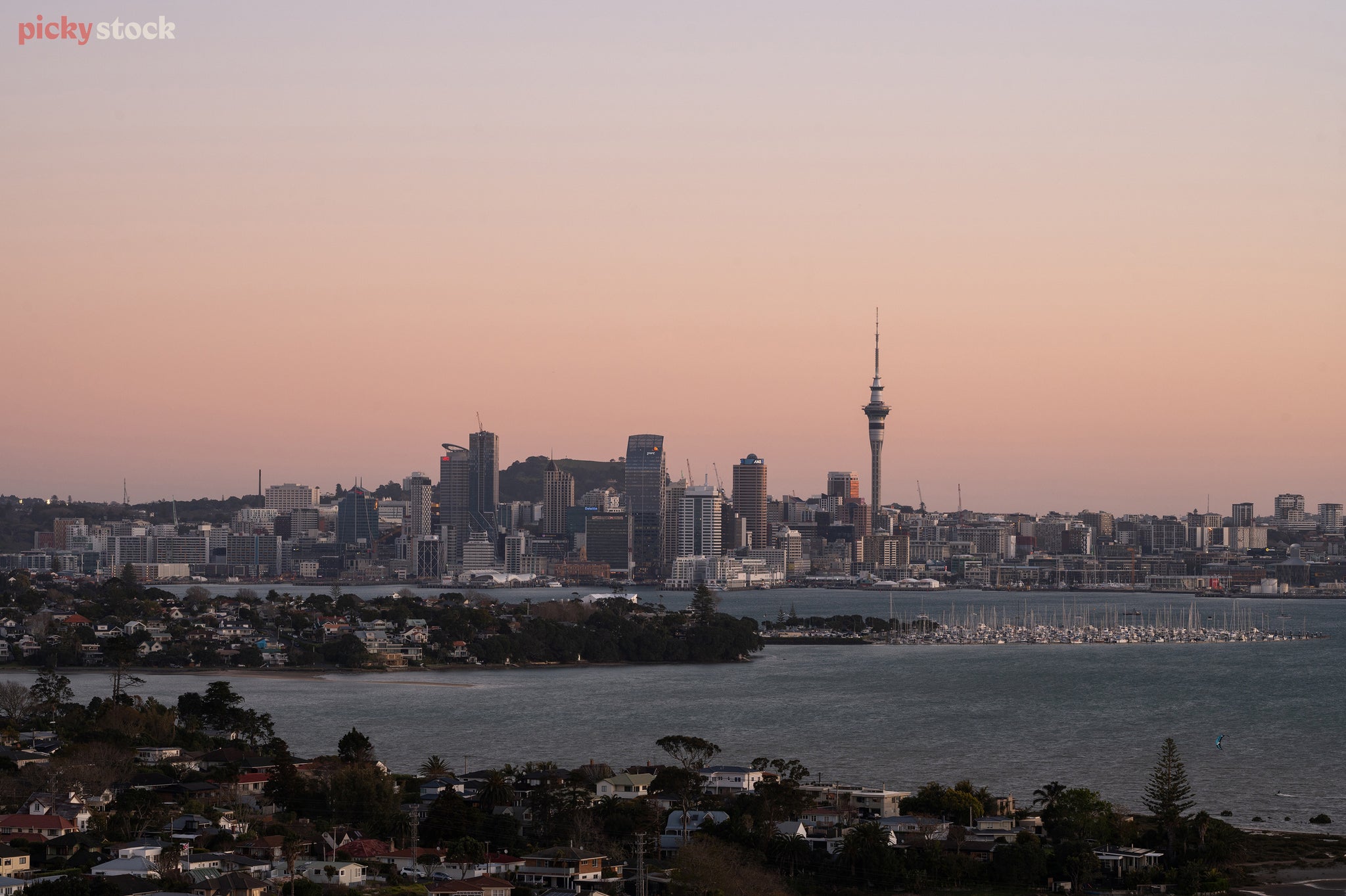 City scape of Auckland City in the distance, sitting behind layers of hills and houses. A large cruise ship visible in the port. 