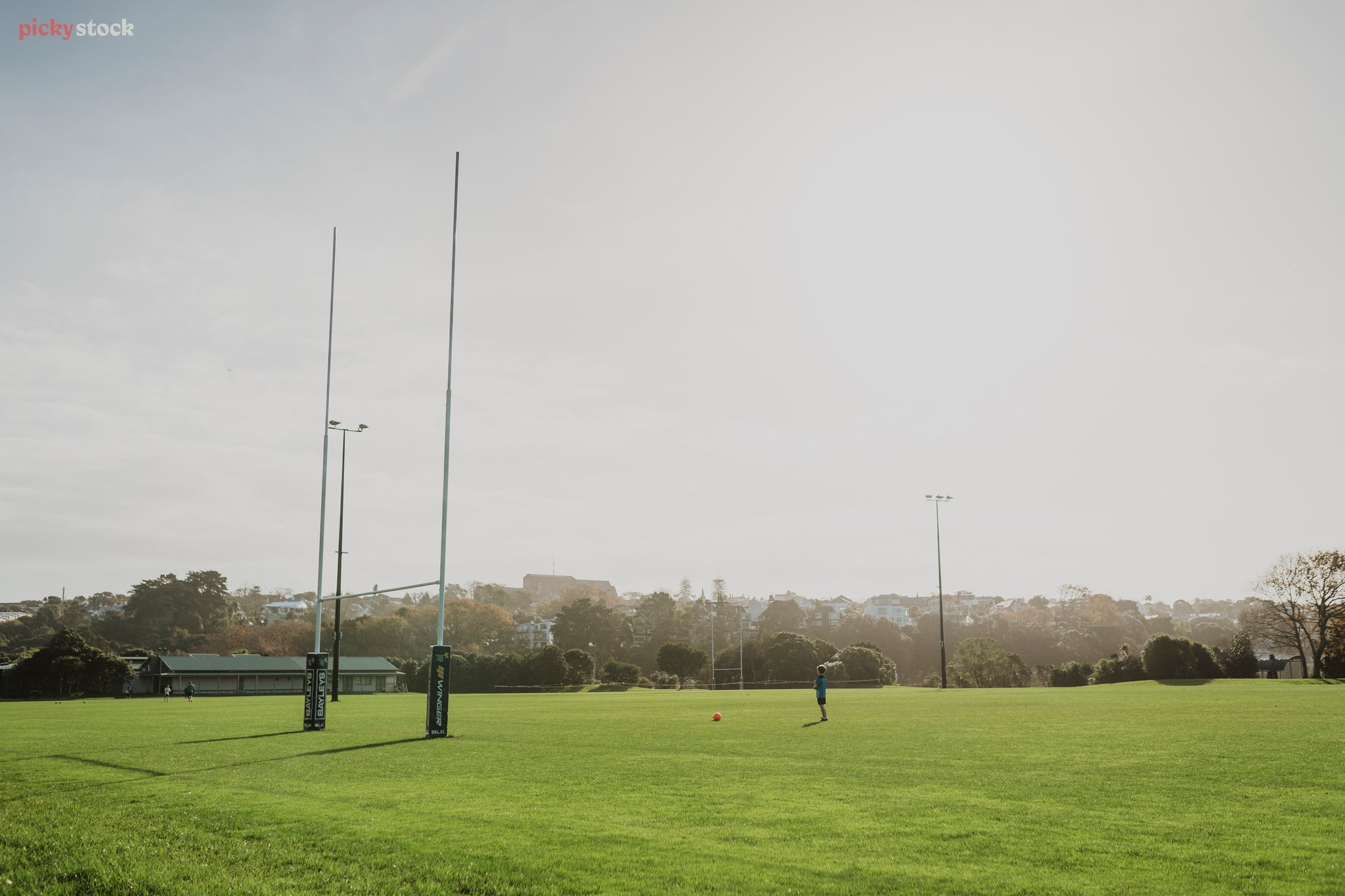 Expansive local rugby field with lush green grass. One goal post errupts into the sky, which is grey and gloomy. 