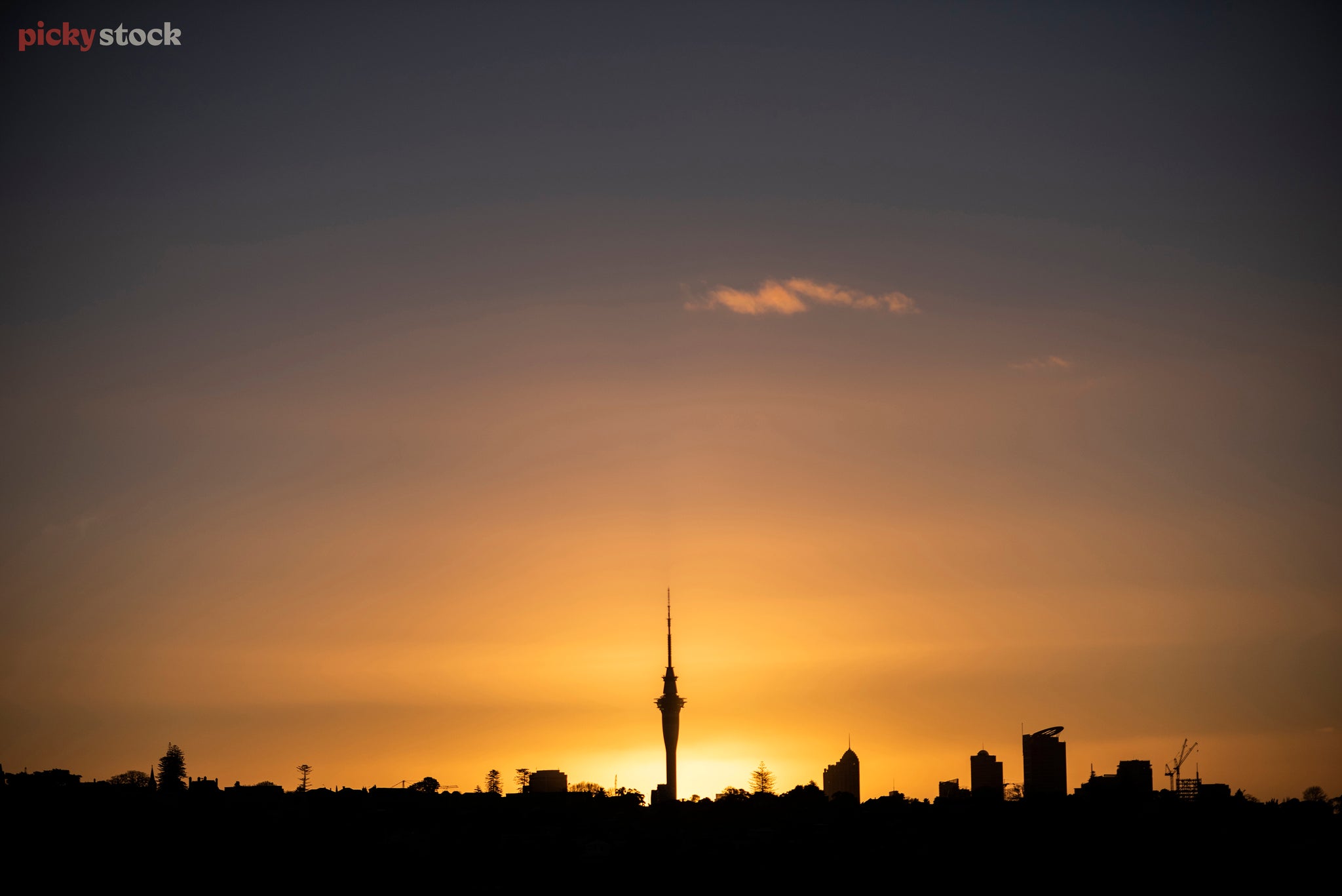 Auckland city skyline silhouette at sunset. The tall thin Sky Tower and lid at the top of the Vero bulding as well as construction cranes cut clear shapes.