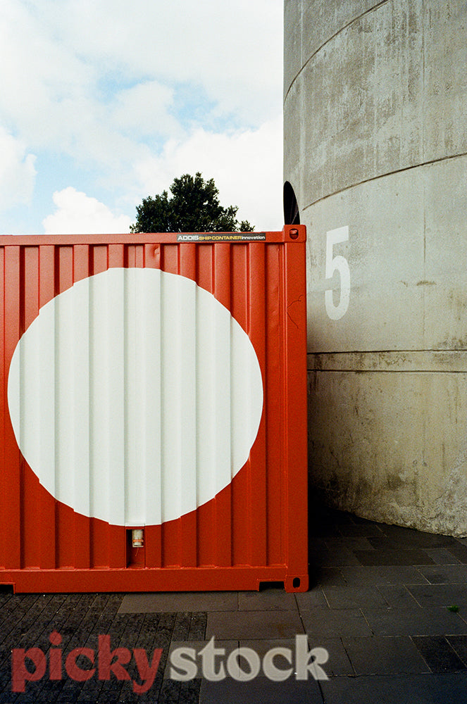 Red & white shipping container at Silo Park.