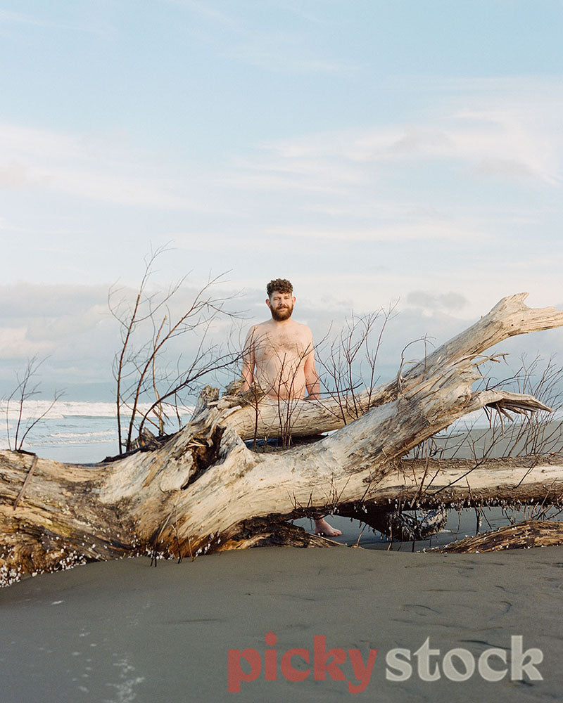 Shirtless gay man standing behind a washed up tree at the beach, the tree shields his body from full view.