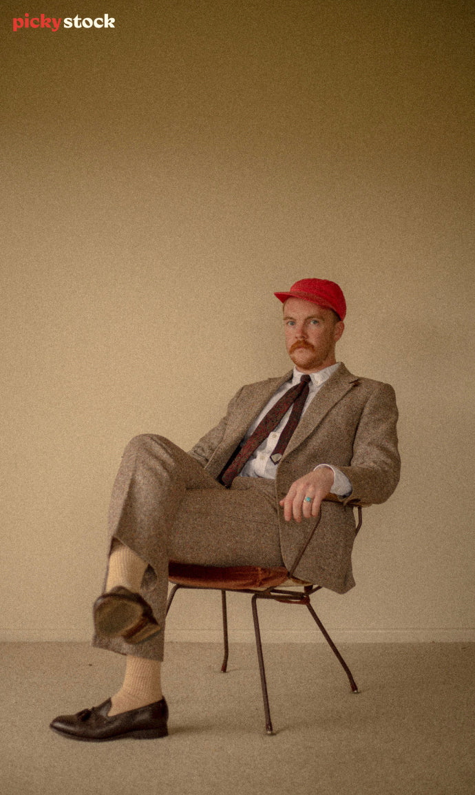 Man in brown suit, tie and red hat sits crossed legged on a sixties style chair in a home studio environment. 