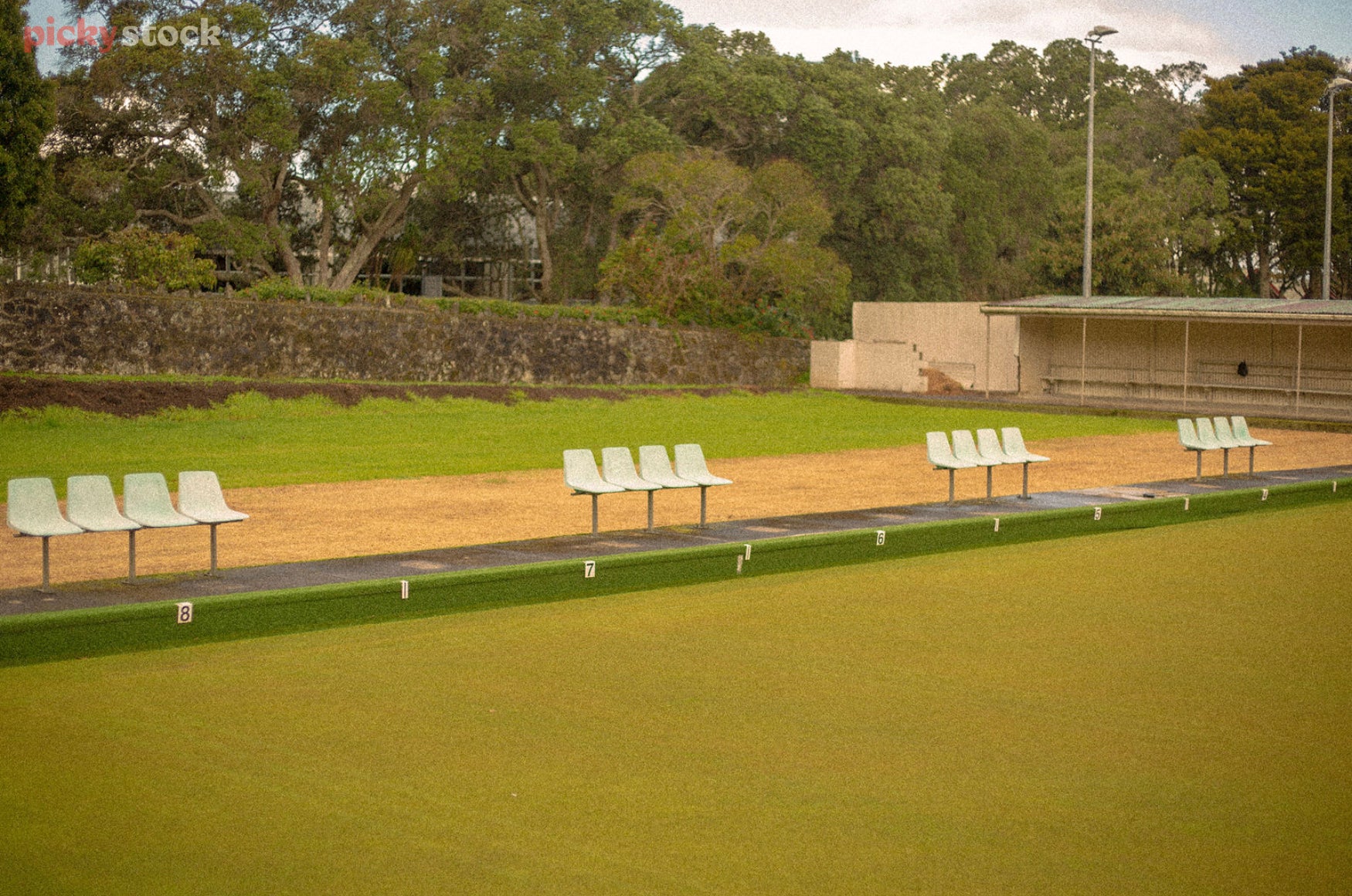 Light green plastic chairs dotted along the bowls green. 