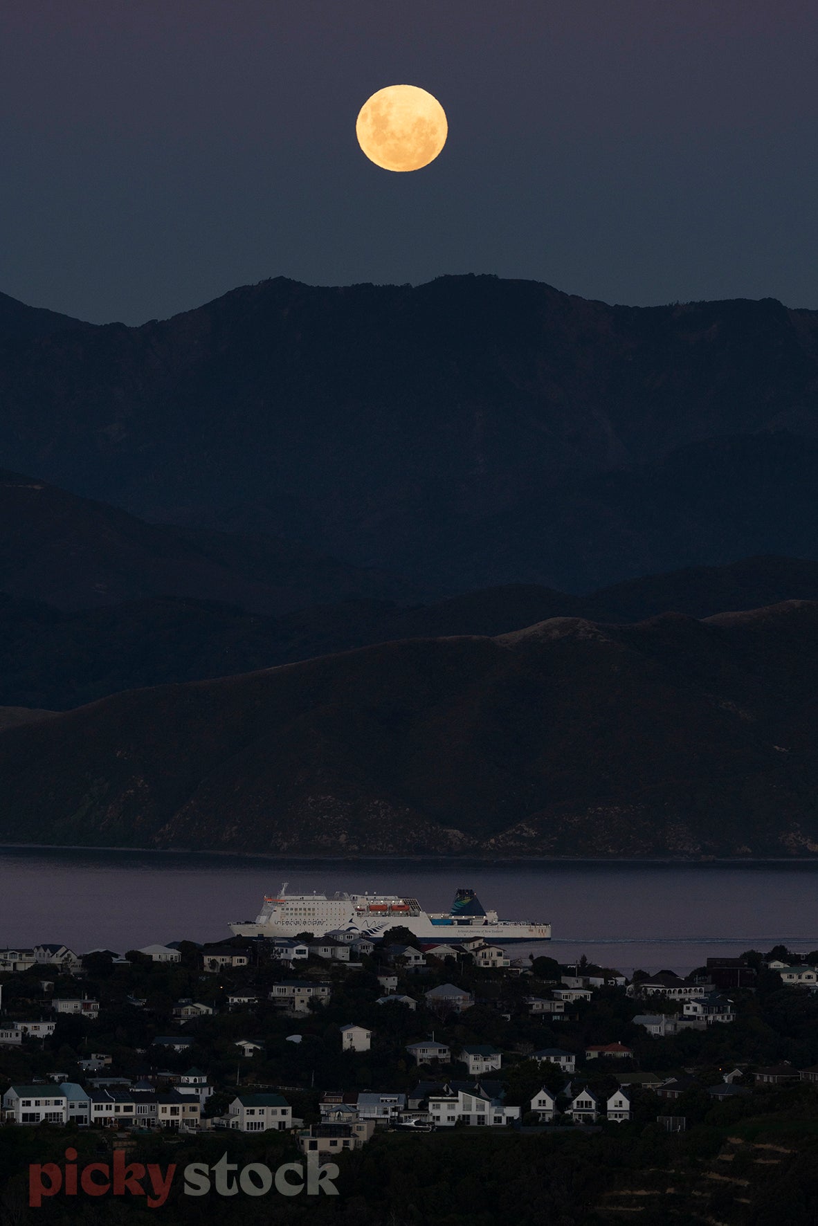 Portrait image of dark blue night sky in Wellington. Full moon top centre of frame. Surrounding hills and ocean below with houses scattered on hills. 