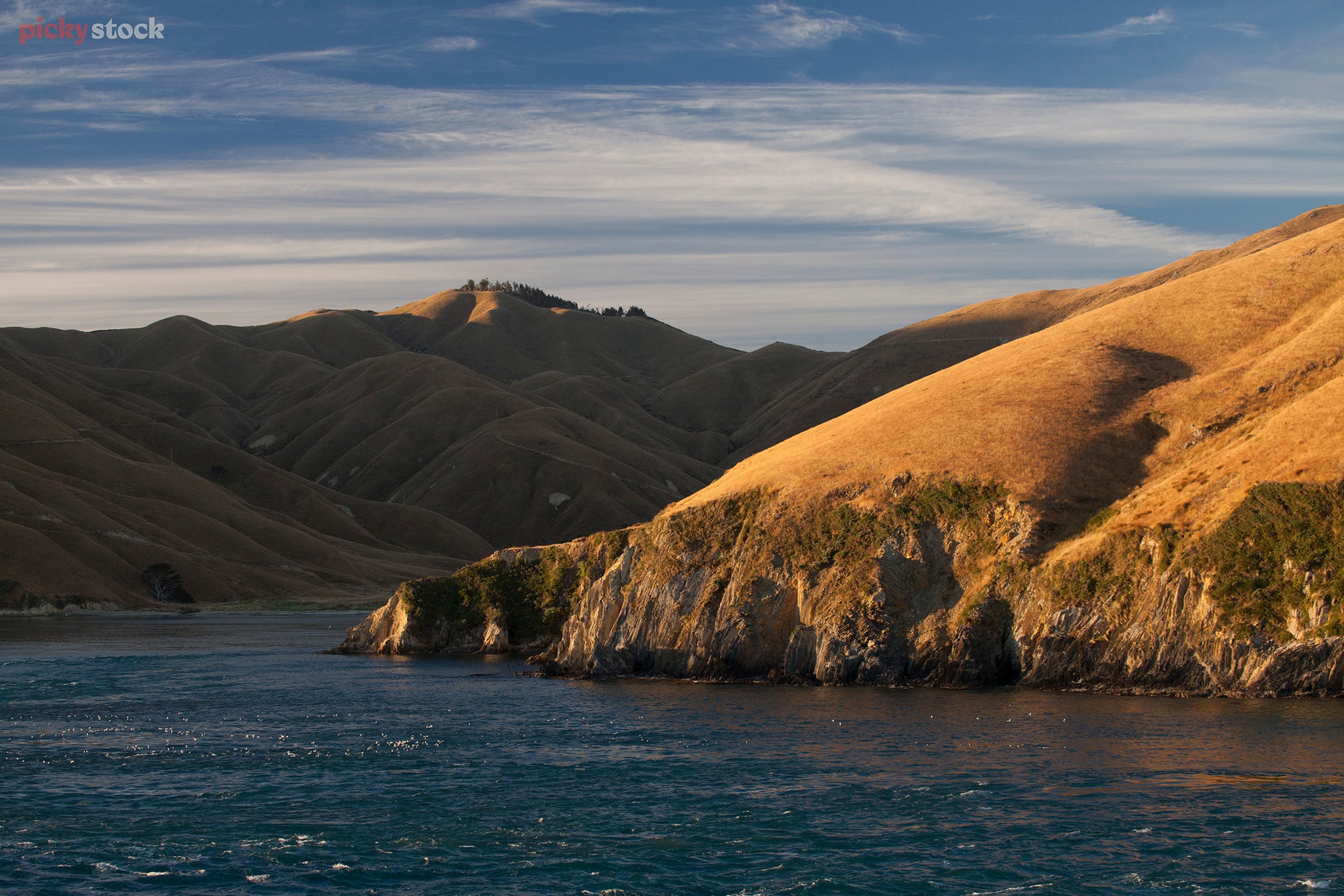 Late afternoon light in the Marlborough Sounds.  Deep blue ocean with large rolling hills in the background. 