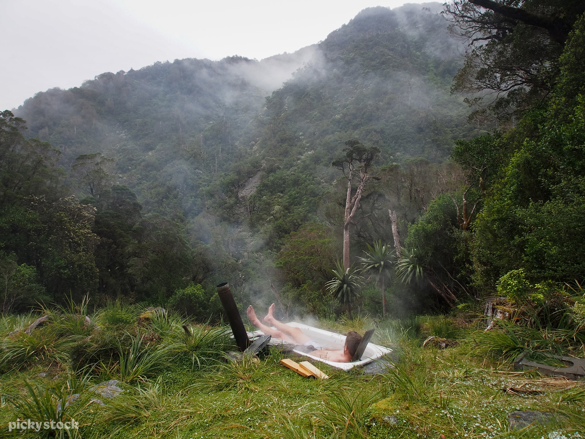 Landscape of a man relaxing in a warm bathtub amidst a lushes green forest. The man stares towards the hills: the languid fog makes the mountains vaporous as fog seeps into the valleys.