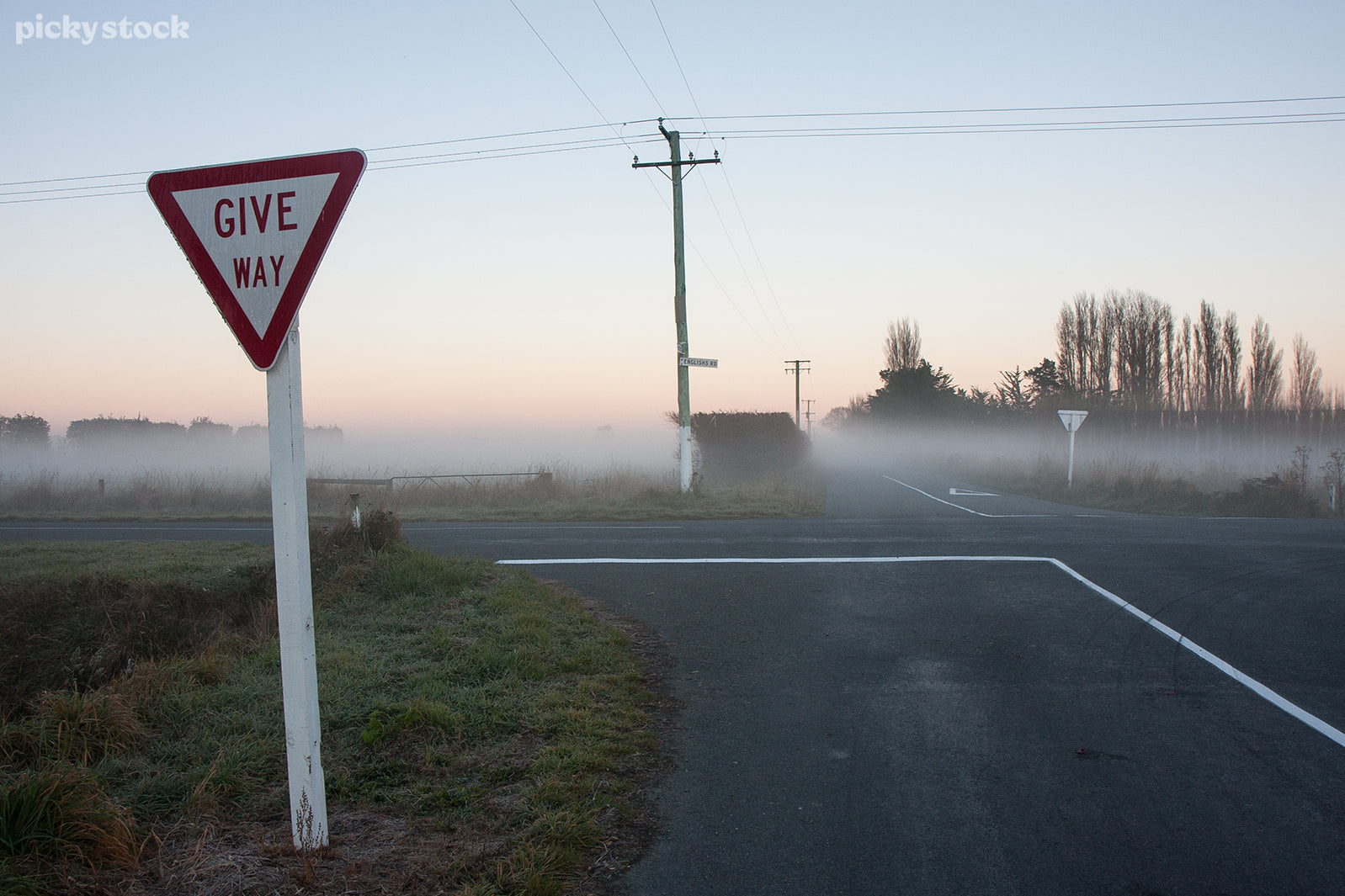 Landscape of a rural intersection doused in heavy fog, a white ‘give way’ sign leans in the foreground while a powerline crisscrosses the road. Dead trees, stretch tall and lean from the fog like grey fingers.