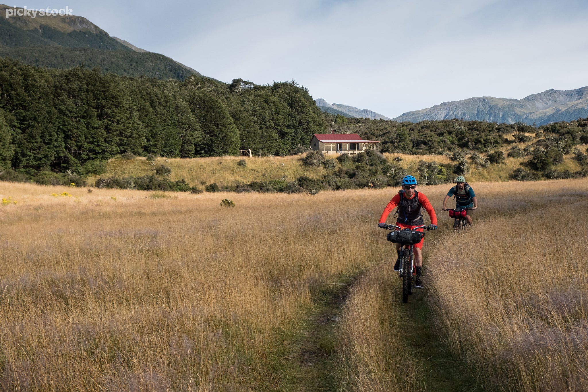 A landscape of two men biking through a tall grass trail. The foremost rider is kitted out in bright orange and blue while the backmost wears simple greens. A small cottage with a red roof is poised amongst the grassy hinterlands.