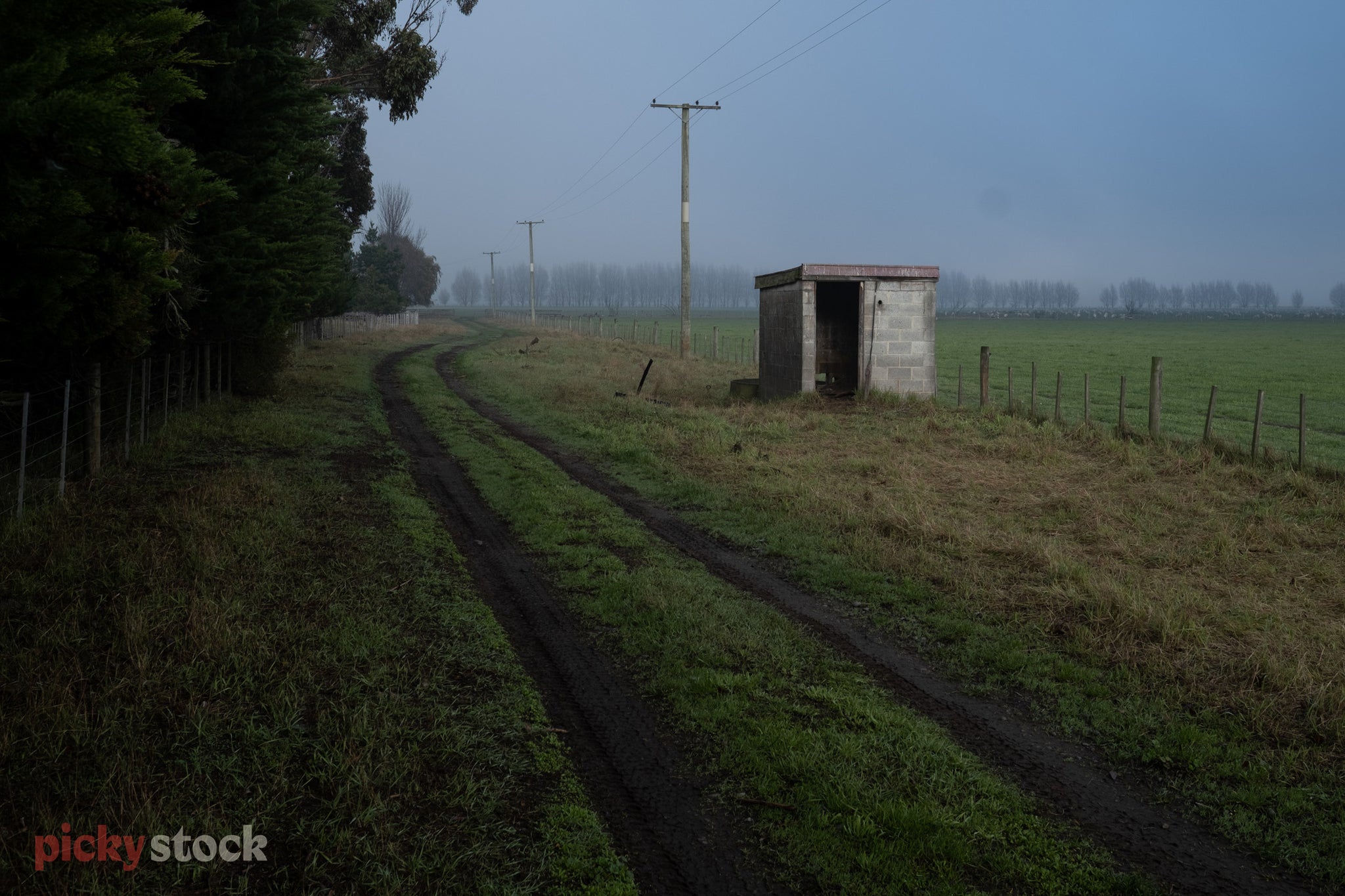 Half constructed concrete block farm shed sits to the right of a paddock. Muddy tyre tracks have flattened a section of the longer green grass to the left of the shed. 