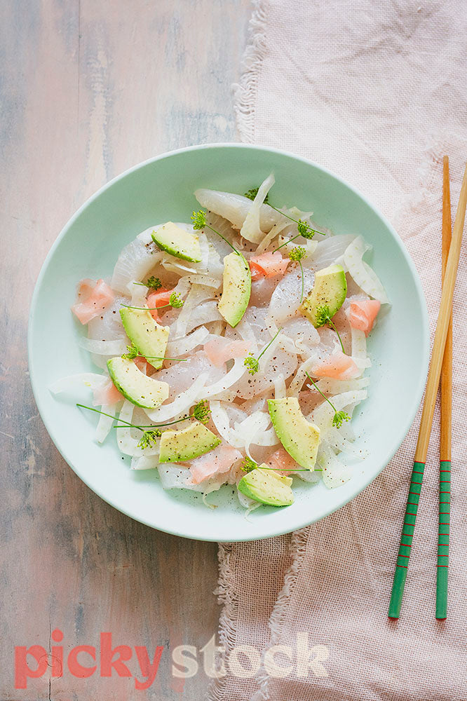 Ceviche of clams and fresh gurnard with avocado and fennel