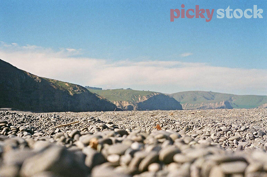 Low angle of Southland's pebbly shores.