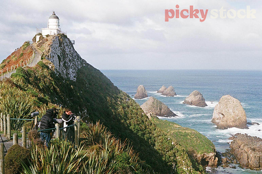  A film crew taking photos at Nugget Point Lighthouse, the Caitlins. 