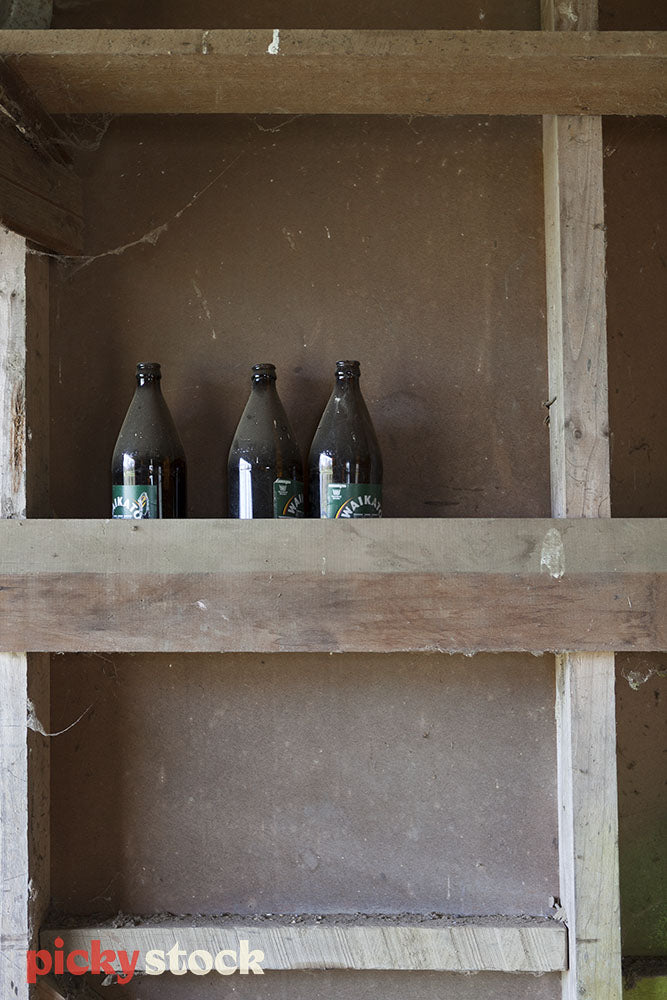Beer bottles on shed shelf