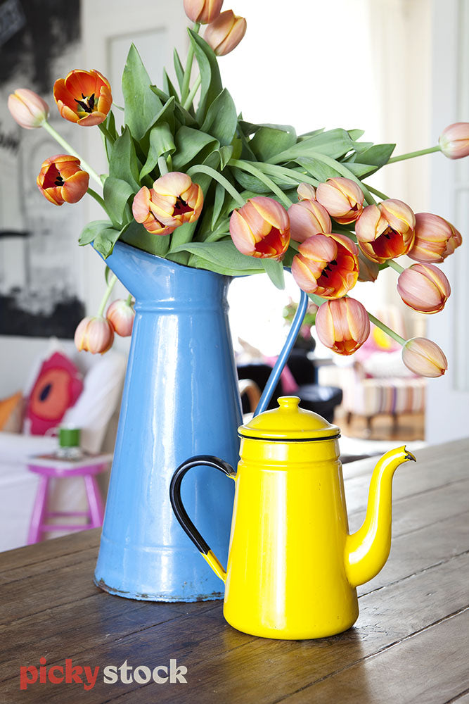 Enamel vase with tulips
