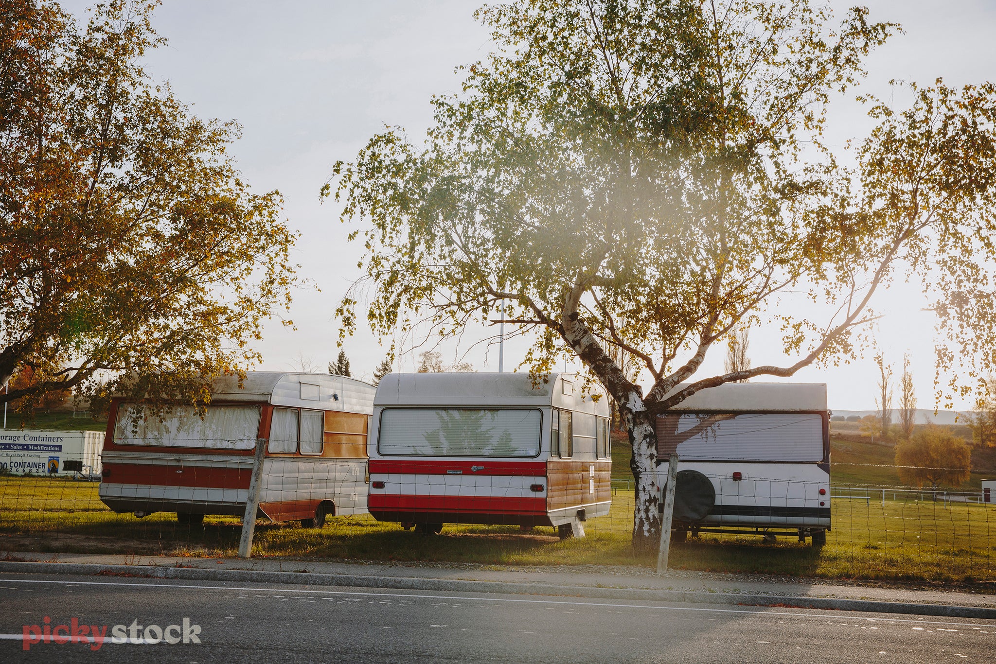 Cinematic image of retro New Zealand caravans lined up along roadside amongst dusky late afternoon sunlight.