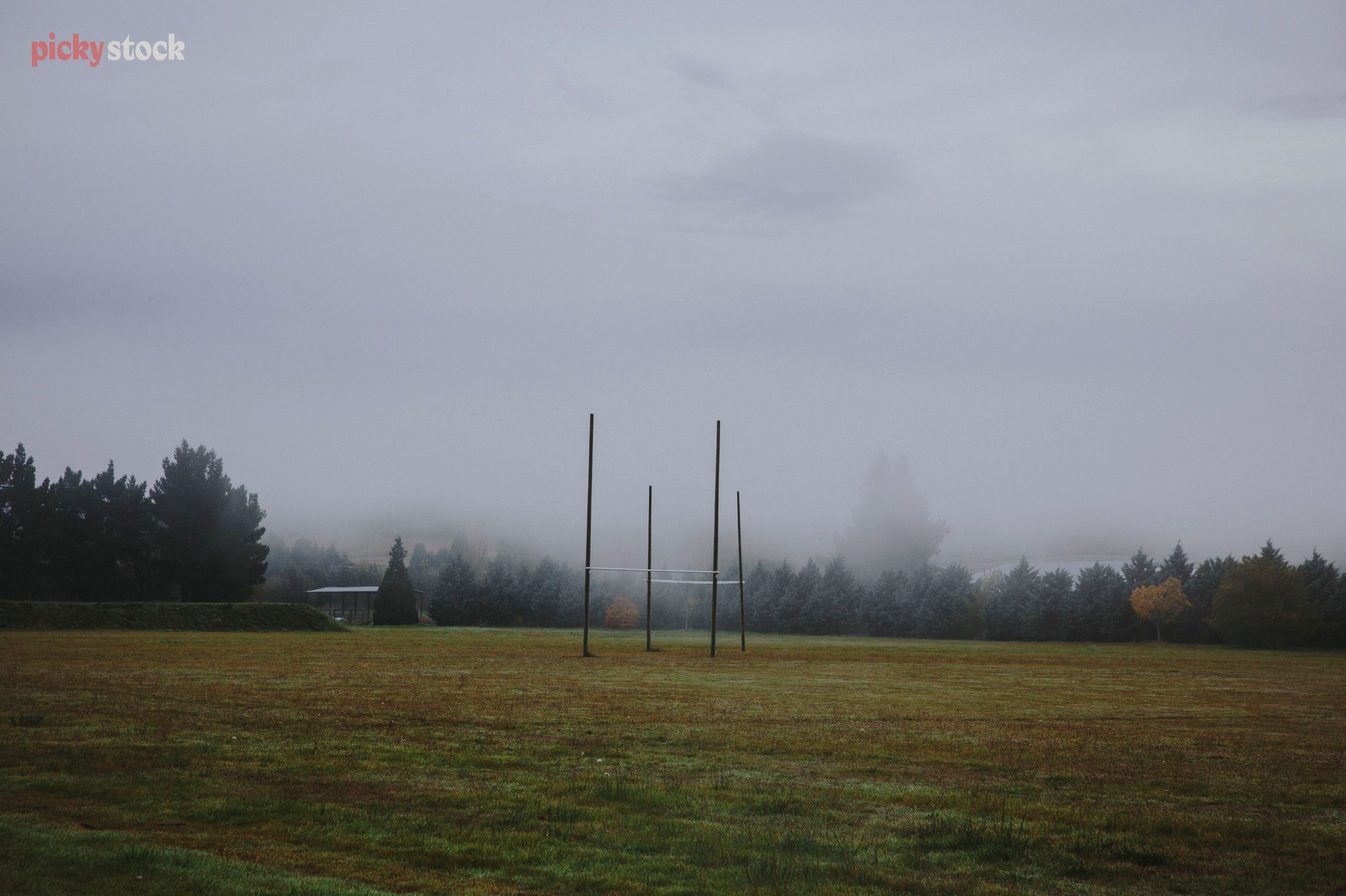 Moody rural rugby field on a grey day. There are no players just the pitch and goal posts.