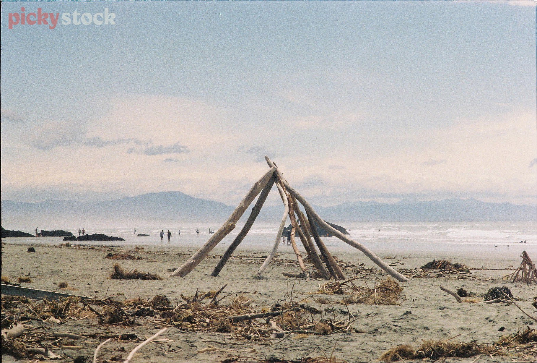 Makeshift teepee is made from large driftwood peices on a beach surrounded by debris. 