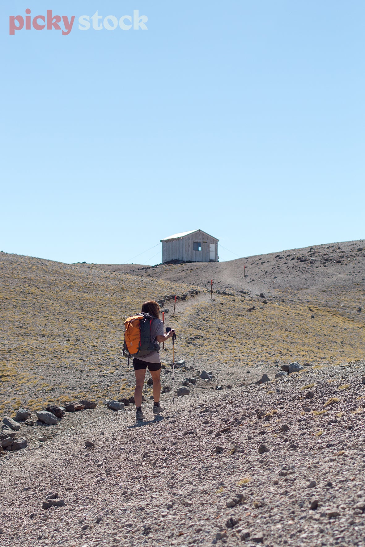 Female hiker with brown hair, black shorts orange hiking pack, walking with tramping poles to Syme Hut in Mount Taranaki. Ground is gravel with larger rocks. Hut is at the top of the hill, grey in colour. Sky is blue. 