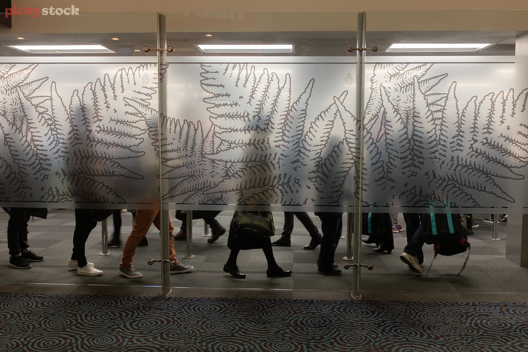 A landscape of frosted security glass with a fern pattern obscures the details of travelers waiting at an airport cue. Overhead square lights over checked carpeting and a primal spiraling rug.