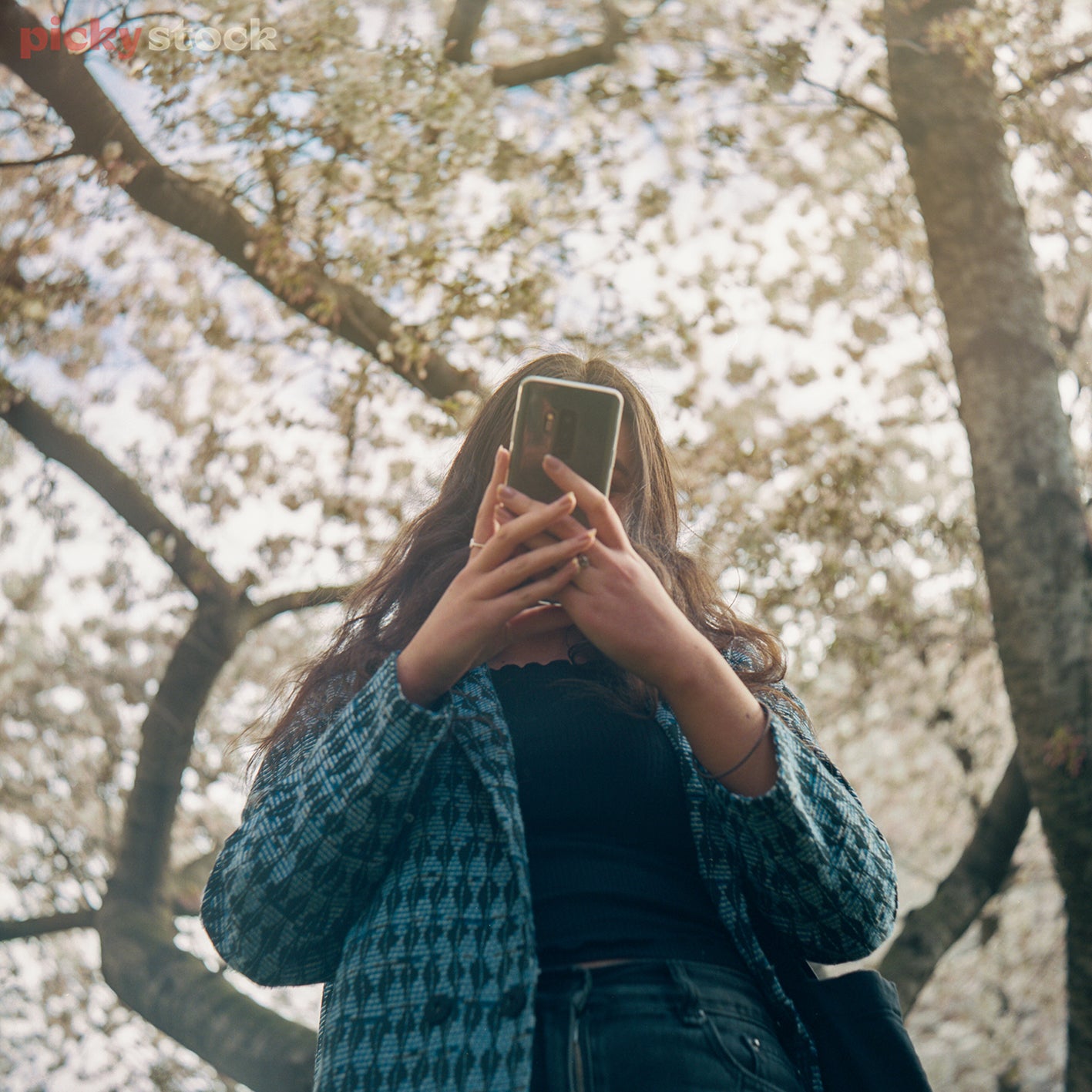 Girl wearing blue patterend jackets with long brown hair. Holding mobile phone which is covering her face making her non-recognisable. Background is a large tree with big brown branches. 