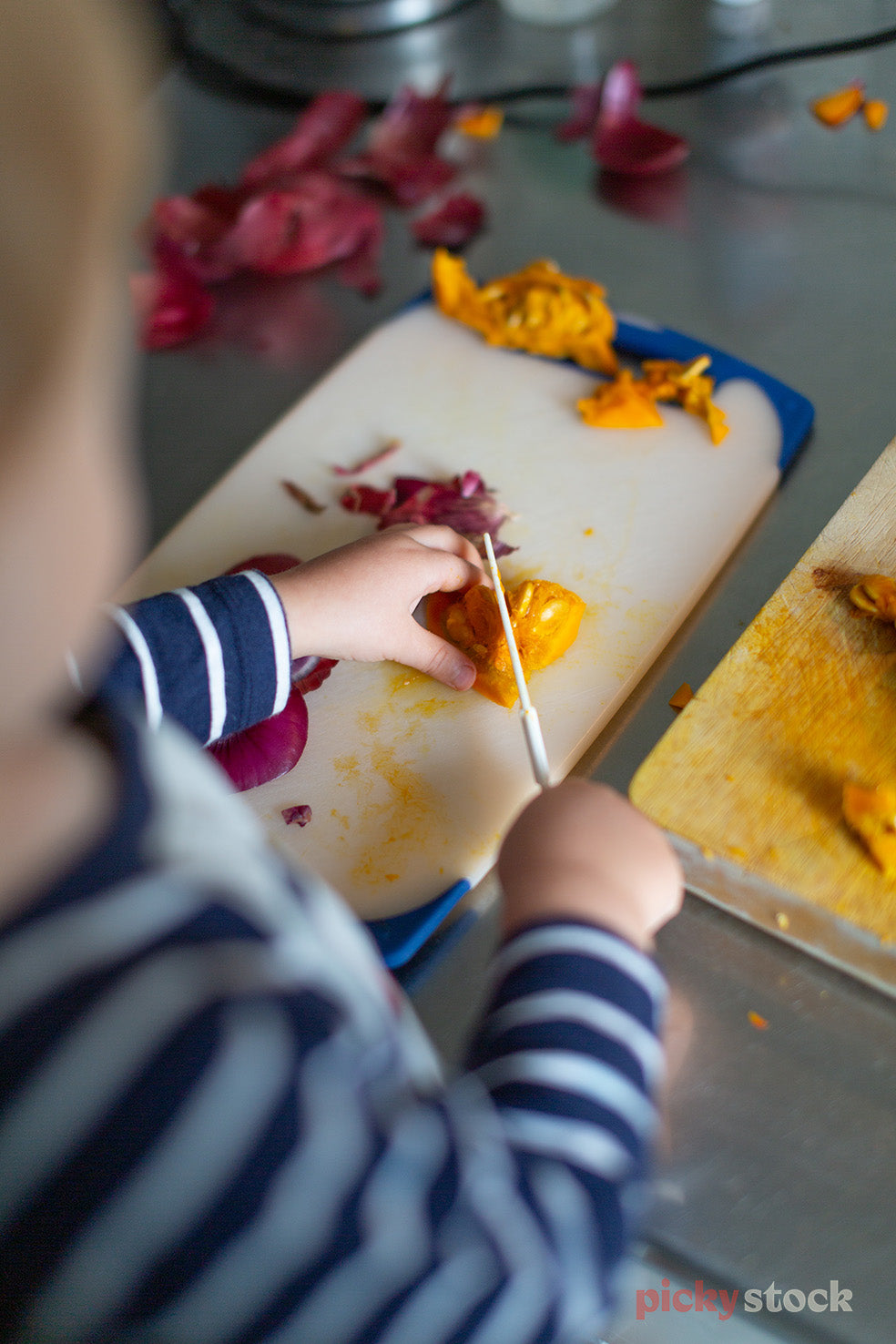 Over the shoulder shot of a child play cooking with plastic knife cutting pumpkin and red onion. 