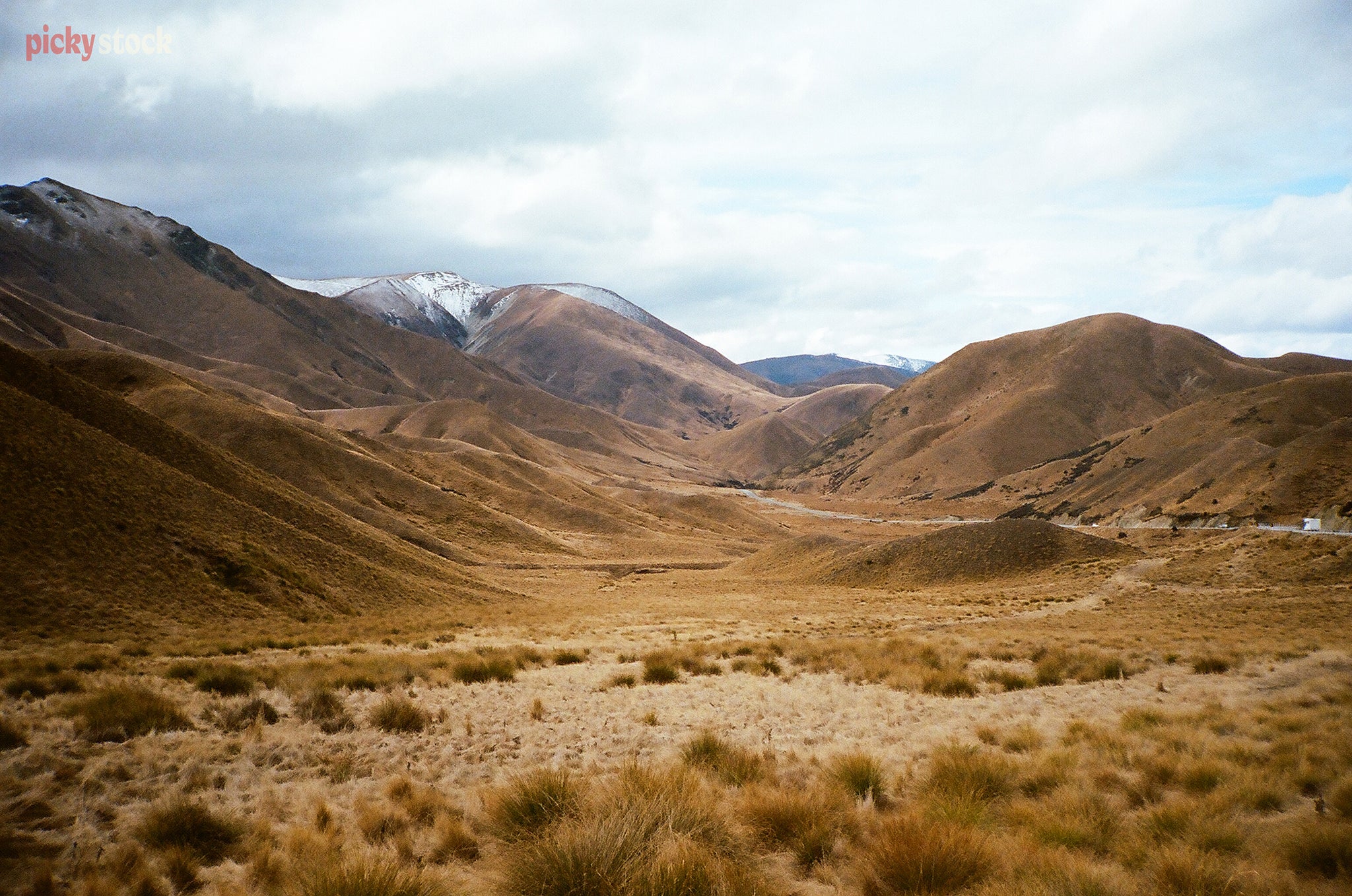 Landscape image of the rolling sepia-coloured hills of the Lindis Pass. There's tussock in the foreground out along the flat towards the base of hills. 