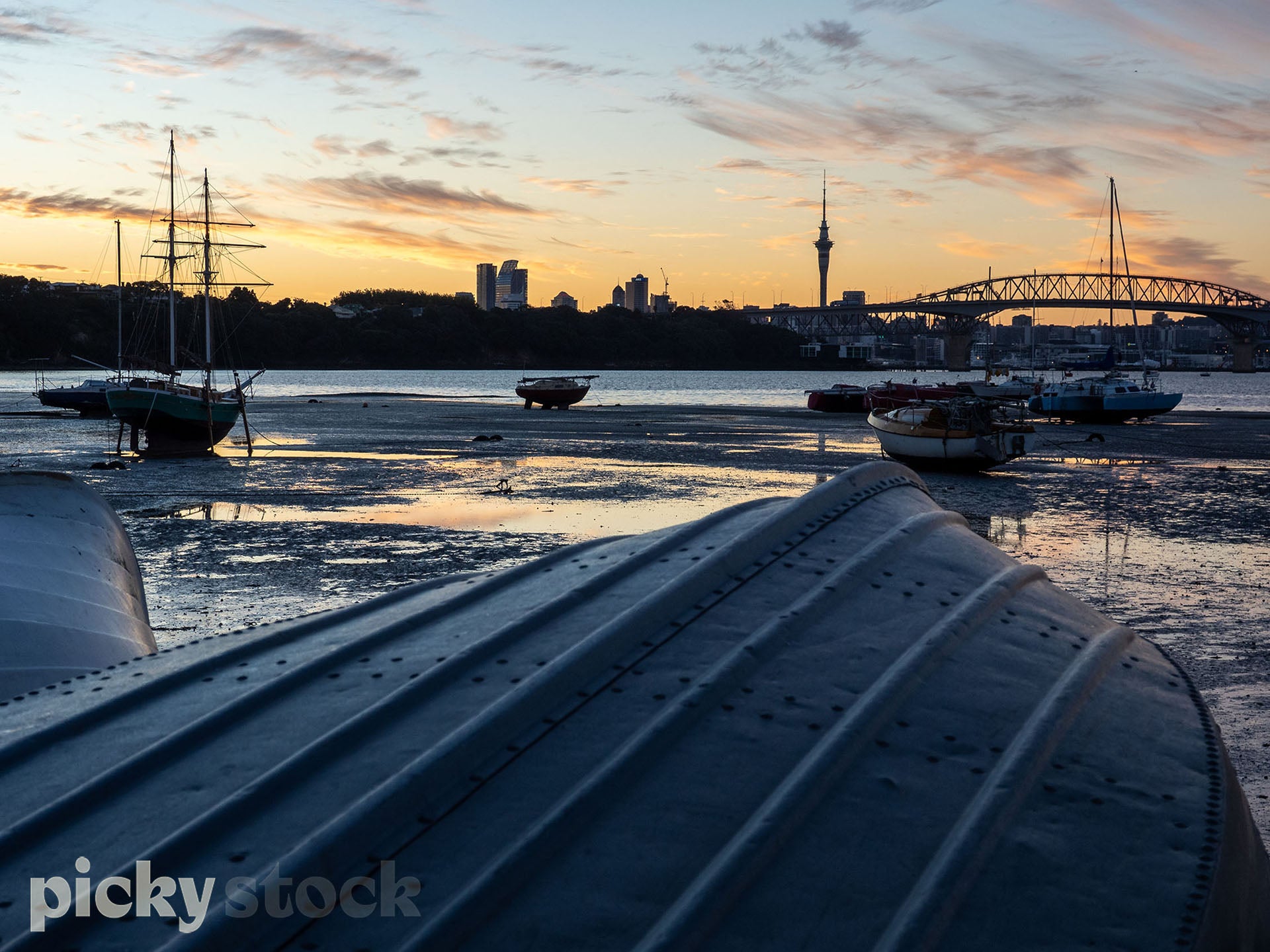 Low tide at Little Shoals Bay on sunrise, Auckland CBD cityscape in the background. 