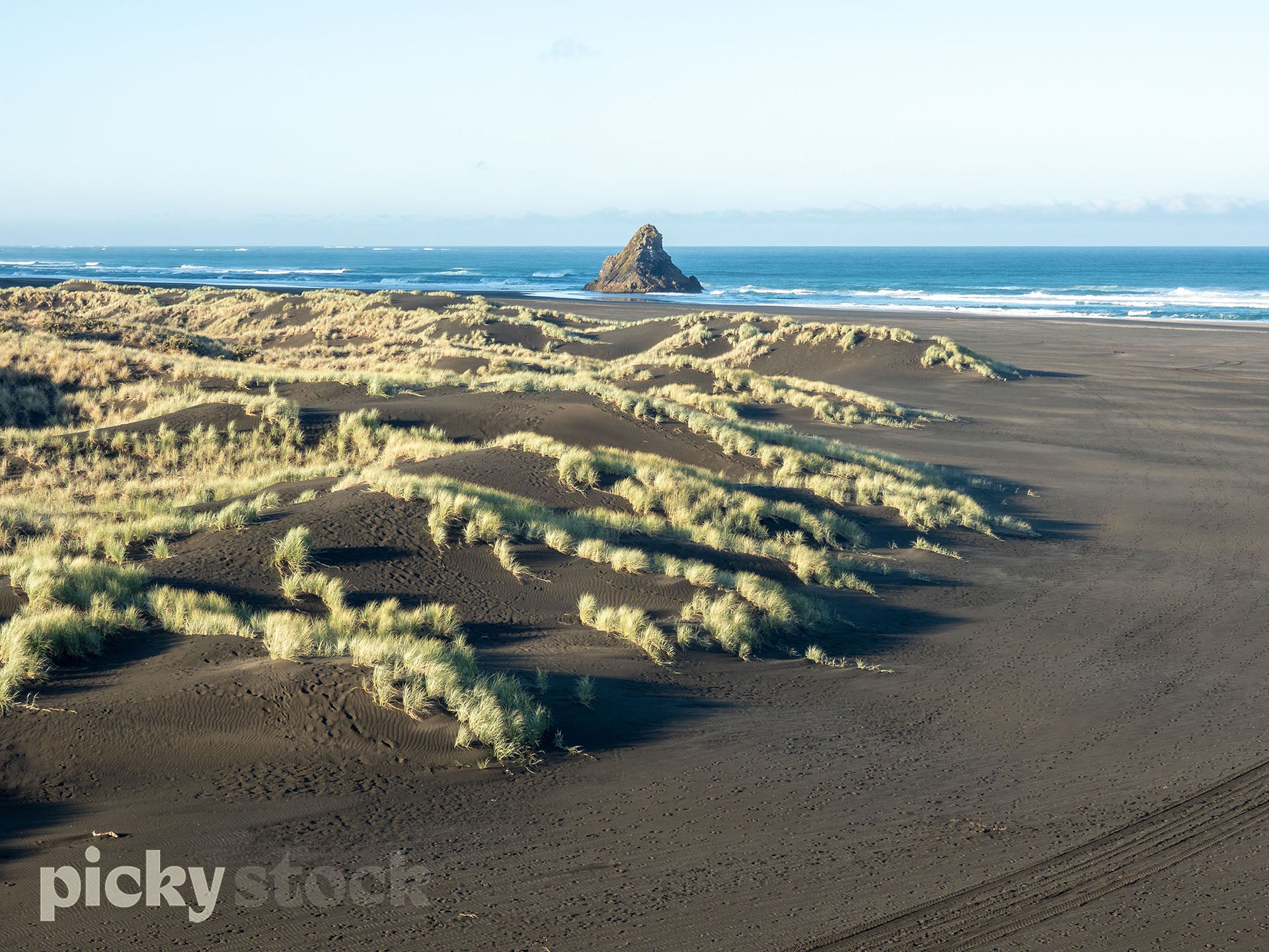 Views over the black sand dunes at Karekare beach looking out to ocean.