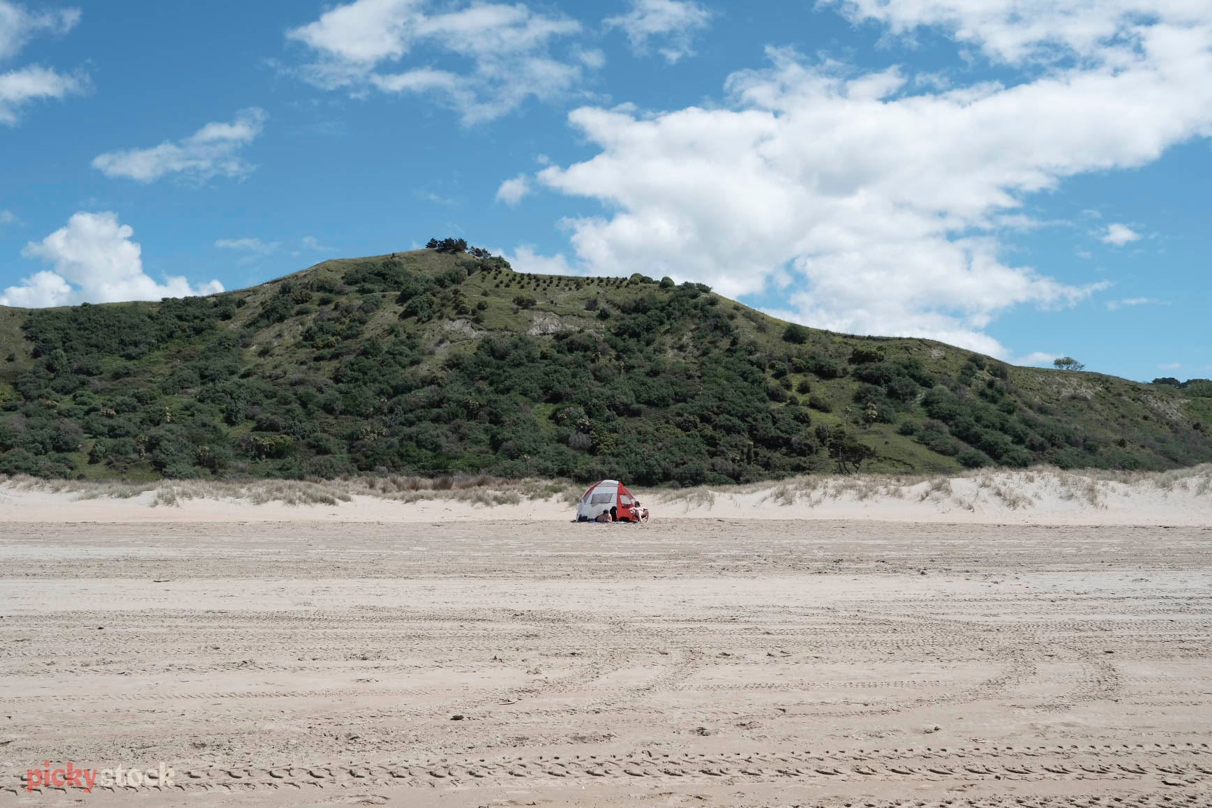 Looking back from the beach towards the sandunes of Ocean beach, Hawke's Bay. A little tent can be seen up near the sanddunes on the bright blue day. 