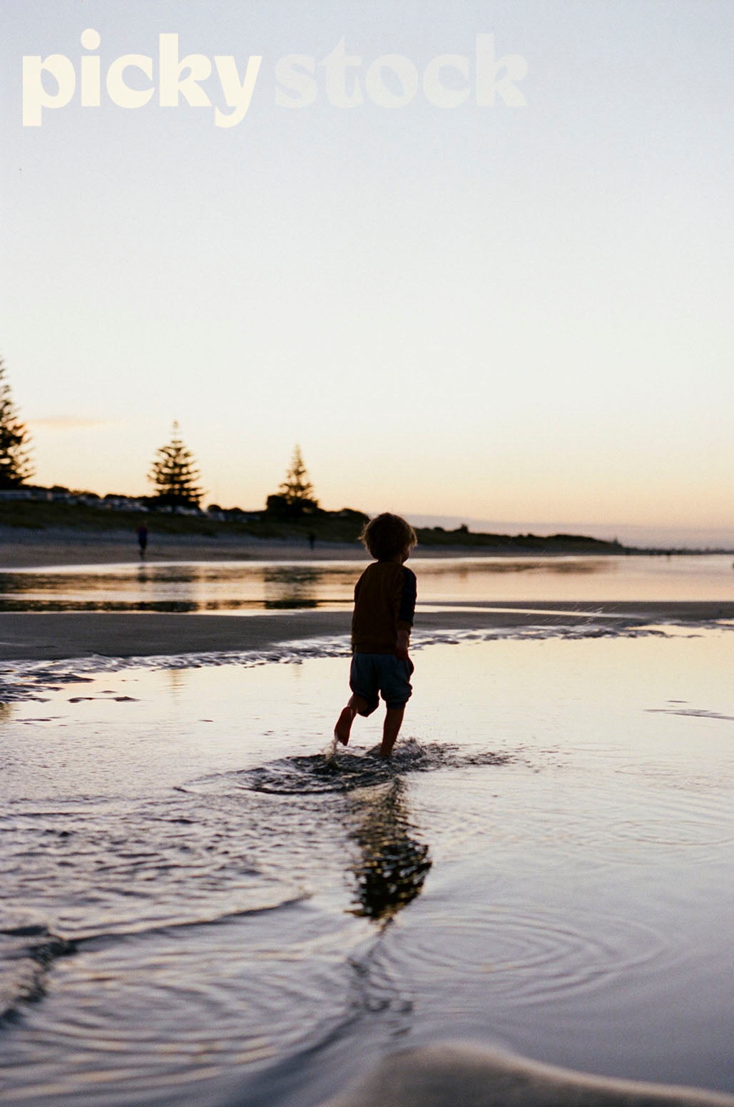 Small blonde boy running through water at low tide at sunset. Reflections of boy on the water. Large trees in the distance.