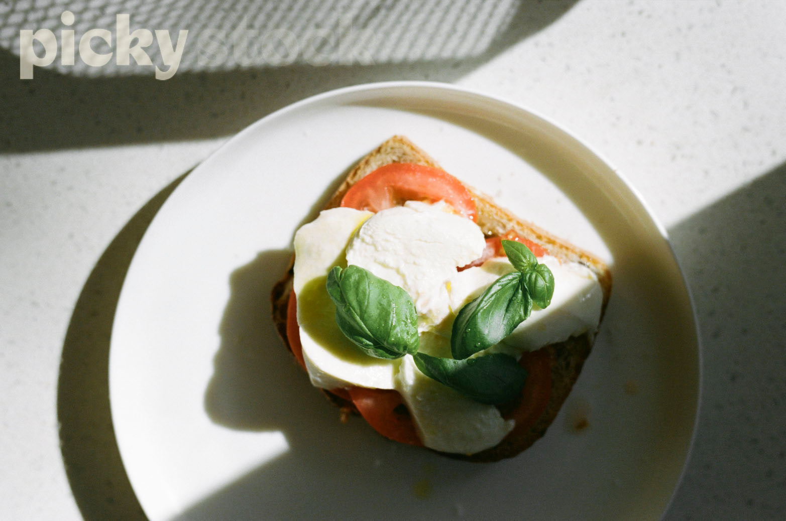 White plate on marble counter top, with one piece of toast with tomato, mozzarella and basil on top. , 