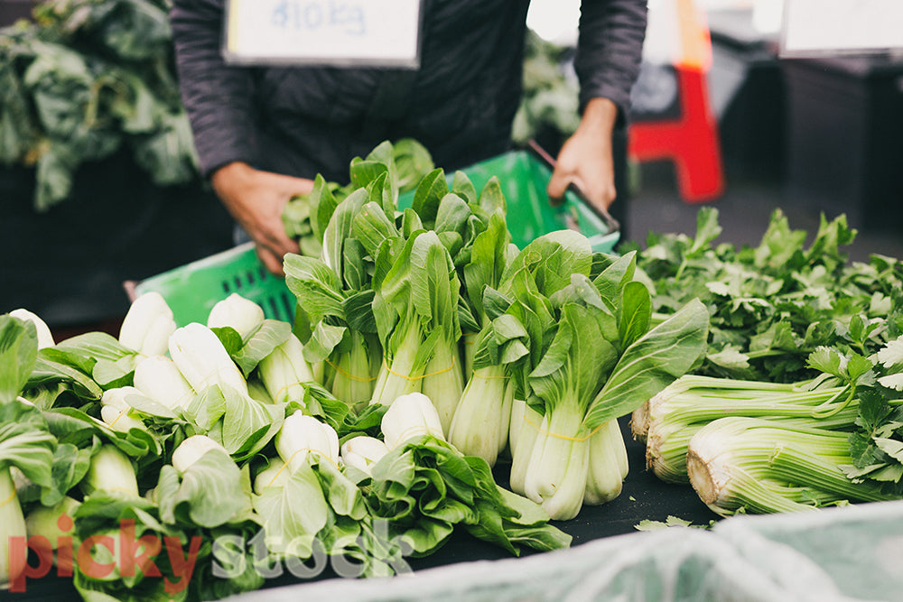 Man at farmers market arranging bok choy on a table.