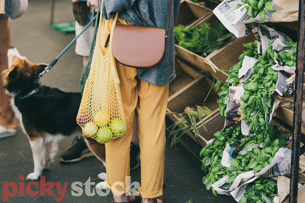 Young woman with fruit in net bag at farmers market