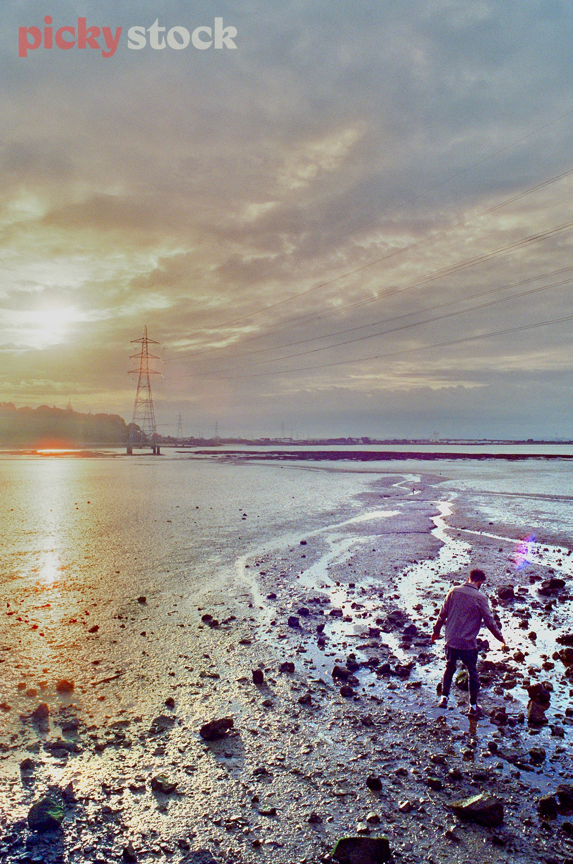 Man walks through rocks at beach during low tide. Beach is in Auckland city, pylons are visible in background. Orange sunset, film image 